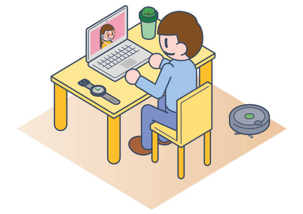ilustrações de stock, clip art, desenhos animados e ícones de illustration of a man ingsting on a web conference at telework, a man watching a video on a laptop, a man who make a video call - child office chaos computer monitor