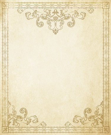 Old grunge paper background with decorative vintage border and patterns.