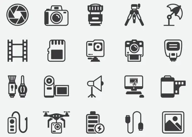 Vector illustration of Photography ,Film , Shutter ,Accessory ,Video Edit, Film Industry Pixel Perfect Icons