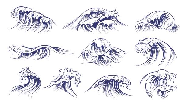 Ocean hand drawn waves. Sketch style sea storm blue water, curly foamy splashes, tsunami and tide vintage collection, surfing season decorative surge wave, vector marine isolated on white set Ocean hand drawn waves. Sketch style sea storm blue water, curly foamy splashes, tsunami and tide vintage collection, surfing and beach season decorative surge wave vector marine isolated on white set storm surge icon stock illustrations