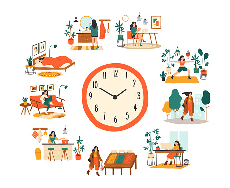 Female routine. Lifestyle activities temporal distribution, young woman daily schedule, life scenes around big clock face. Young woman sleep work training and shopping everyday vector cartoon concept