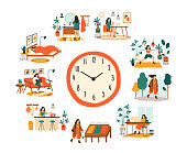 Female routine. Lifestyle activities temporal distribution, young woman daily schedule, life scenes around big clock face. Young woman sleep work and shopping vector cartoon concept