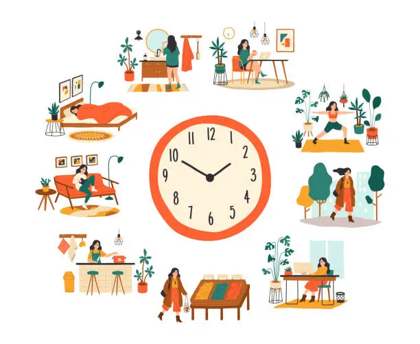Vector illustration of Female routine. Lifestyle activities temporal distribution, young woman daily schedule, life scenes around big clock face. Young woman sleep work and shopping vector cartoon concept