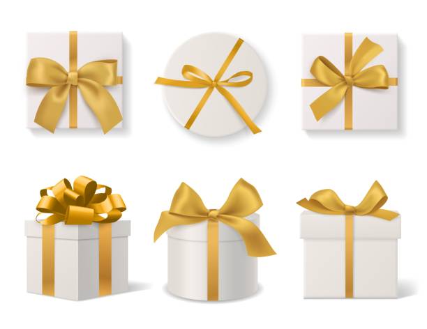 ilustrações de stock, clip art, desenhos animados e ícones de realistic decorative gift boxes. 3d gifts white cardboard packaging templates, golden ribbons and bows top and side view, round and square wrapped presents. vector isolated set - gift gold box white