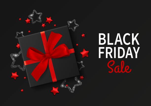 istock Black friday sale gift box. Realistic style cardboard box with red silk ribbon and bow, shiny sequins design promotional banner template. Advertising elements for discount vector poster 1286091213