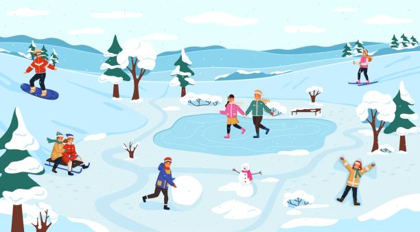 겨울 야외 활동. 신선한 공기에 눈 게임, 어린이 서리가 내린 산책, 사람들 계절 활동, 눈사람 모델링, 눈덩이와 아이스 스케이팅, 벡터 크리스마스 엽서 - snowman snowball men christmas stock illustrations