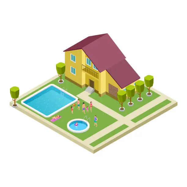 Vector illustration of Isometric family resting in country hotel vector location