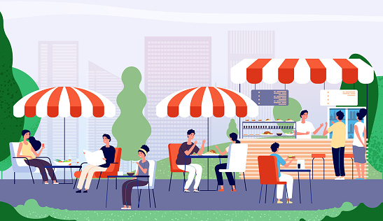 Summer outdoor cafe. People sitting at table in street cafe, drinking and eating fast food lunch. Summer restaurant vector concept. Illustration cafe summer outdoor, city restaurant