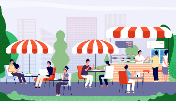 Summer outdoor cafe. People sitting at table in street cafe, drinking and eating fast food lunch. Summer restaurant vector concept Summer outdoor cafe. People sitting at table in street cafe, drinking and eating fast food lunch. Summer restaurant vector concept. Illustration cafe summer outdoor, city restaurant dining illustrations stock illustrations