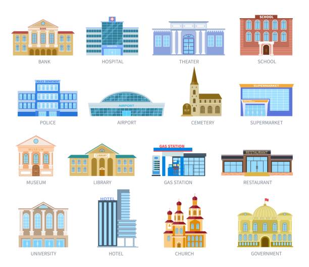 ilustrações de stock, clip art, desenhos animados e ícones de government flat houses. bank hospital school university airport police library church. municipal city buildings exterior vector icons - people cemetery church urban scene