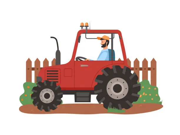 Vector illustration of Farmer Driving Tractor on Field, Farming Season