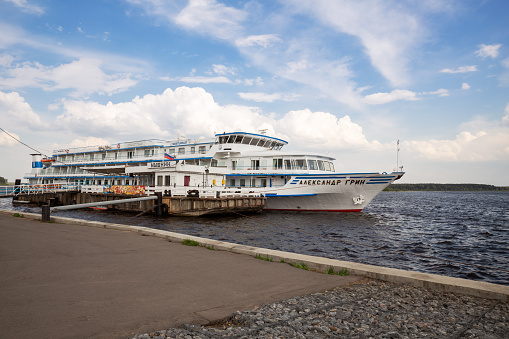 Myshkin, Russia - May 10, 2019: Cruise on the Volga. The cruise ship Alexander Grin stopped at the pier in the ancient town of Myshkin. Yaroslavl region, Golden ring of Russia