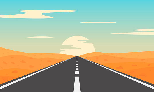 Road in desert. Desert landscape with asphalt highway.