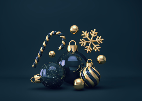 Dark blue and gold Christmas decor. Christmas balls, candy cane and snowflake. 3D rendering