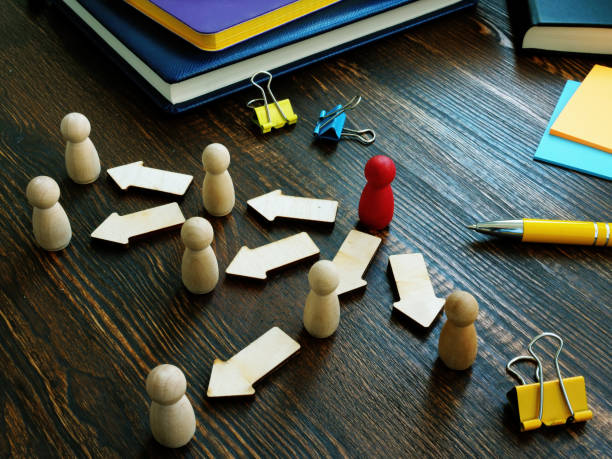 Delegation of control scheme. Table with figures and arrows. Delegation of control scheme. Table with wooden figures and arrows. delegating stock pictures, royalty-free photos & images