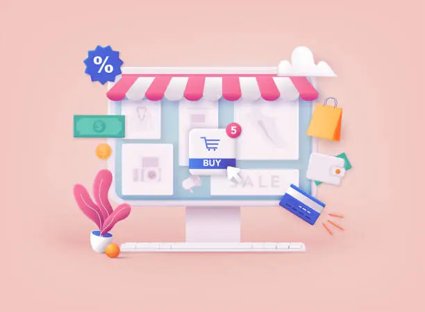 Vector illustration of 3D Web Vector Illustrations. Online shopping.Design graphic elements, signs, symbols. Mobile marketing and digital marketing.