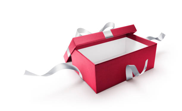 istock Red open gift box with silver ribbon isolated on white background 1286102499