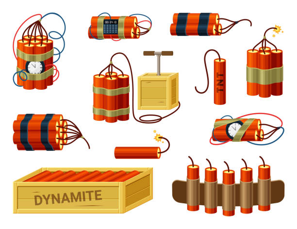 illustrations, cliparts, dessins animés et icônes de ensemble de paquets de dynamite. boîte avec ceinture de cartouche d’explosifs prêts avec des fusibles miniatures bâtons rouges avec bombe préparée à la minuterie avec des détonateurs à main brûlant le câble de l’appareil détonant tnt. danger - explosif