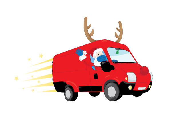 Funny Santa Claus wearing a surgical mask and gloves and driving a van carrying presents. Safe Christmas concept vector art illustration