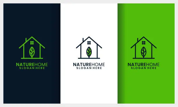 Vector illustration of set of Nature home logo design template with leaf line art concept