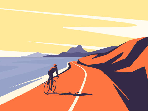 illustrations, cliparts, dessins animés et icônes de illustration vectorielle d’un cycliste conduisant le long de la route de montagne d’océan - coastline