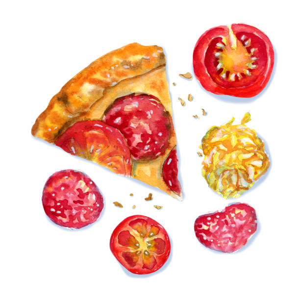 화이트에 페퍼로니 피자의 수채화 플랫레이 조성 - pizza illustration and painting italian cuisine salami stock illustrations