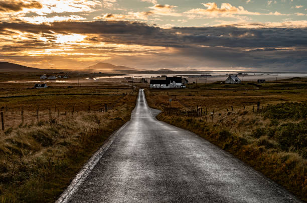 Morning autumn landscape of North Uist, part of the Outer Hebrides of Scotland, looking south towards Ceann a Bhaigh near Bayhead.