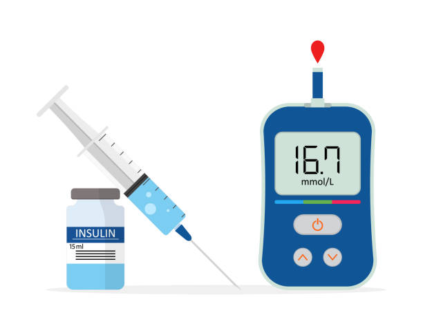 ilustrações de stock, clip art, desenhos animados e ícones de insulin in syringe and vial with glucometer for diabetes. icon of diabetes. level of glucose in blood. device for meter of sugar at home. tester with check. test of glycemia in patient. vector - syringe vaccination vial insulin