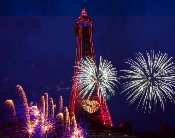 Blackpool Tower Fireworks Blackpool tower with fireworks at dusk Blackpool Tower stock pictures, royalty-free photos & images