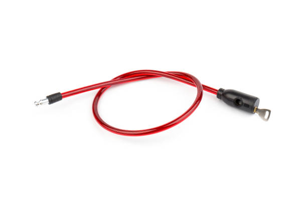 istock Flexible red bicycle cable with key on white background.  Security and safety concept. 1286117283