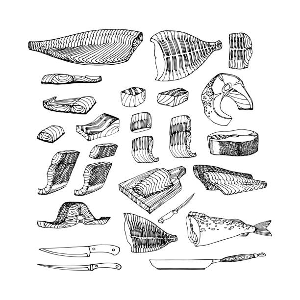 ilustrações de stock, clip art, desenhos animados e ícones de fish fillets of cod, salmon, flounder for barbecue. delicious seafood. restaurant menu decoration. - bacalhau