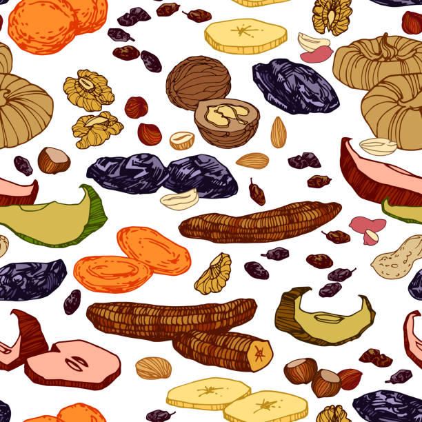 illustrations, cliparts, dessins animés et icônes de motif sans couture de fruits secs et noix, bananes, figues, pruneaux, raisins secs, pour le menu et la décoration de recettes culinaires. - abricot sec