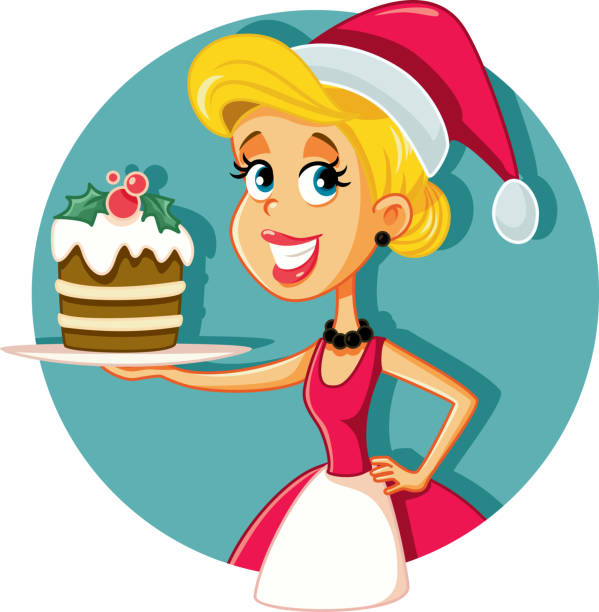 Happy Female Home Cook Holding Christmas Cake Cheerful Baker creating a holiday desert specialty mrs claus stock illustrations
