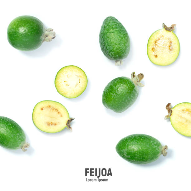 Feijoa fruits on white background. Tropical ripe feijoa fruit. Feijoa fruits on white background. Tropical ripe feijoa fruits pineapple guava stock pictures, royalty-free photos & images