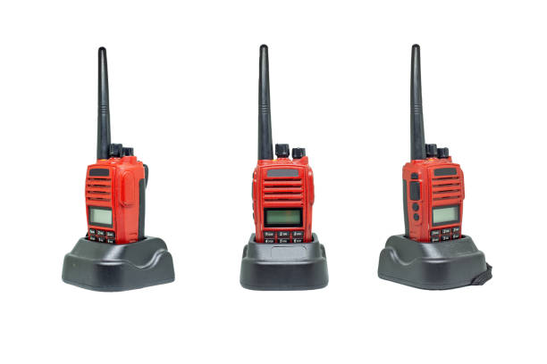 istock Collection of the Red communication radio with charging cradle isolate on white background with clipping path. Walkie-Talkies with Battery charger on white background. 1286121950