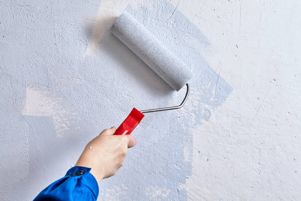 home painter is painting walls with paint roller and paints during renovation. - pintar parede imagens e fotografias de stock