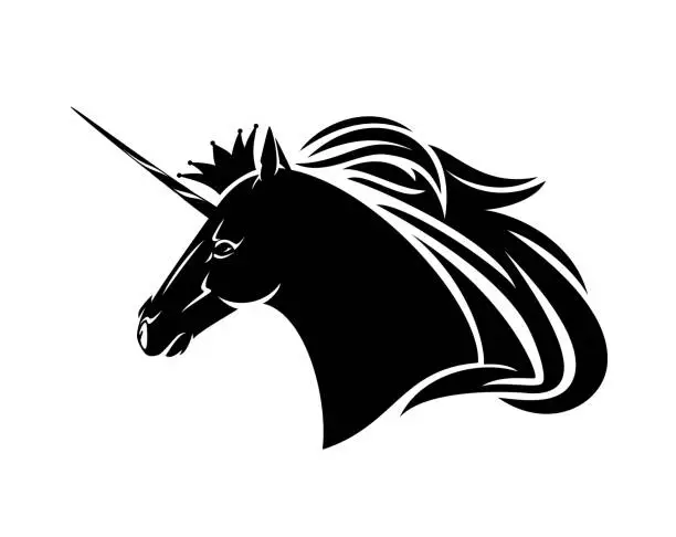 Vector illustration of black and white vector portrait of unicorn horse head with royal crown