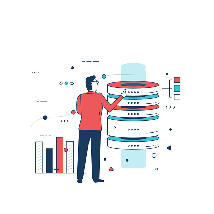 Man using network database interface and interacting with big data server. Man standing and using futuristic interface. Web server technician in datacenter. Line style vector illustration.