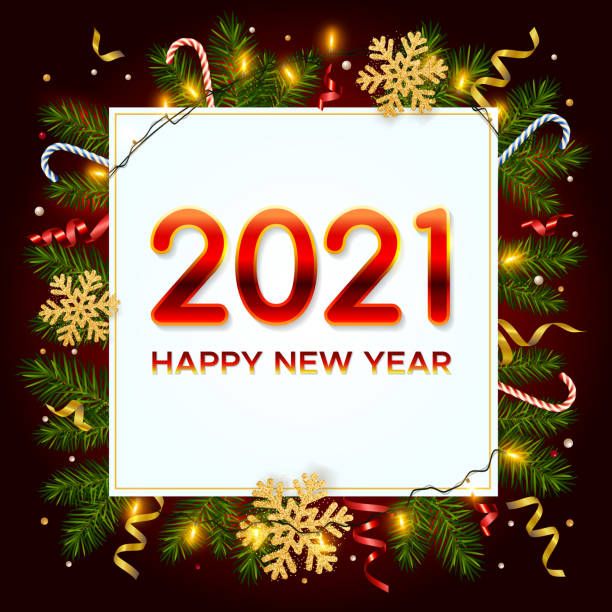 istock New Year 2021 background with pine branches, golden snowflakes, shining garlands, candy canes and tinsel. Template for Christmas and New Year poster, postcard, banner for winter and new year holidays 1286123898