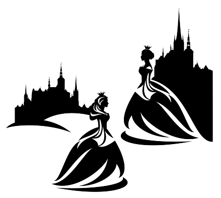 beautiful fairy tale queen or princess and medieval castle silhouette black and white vector design set