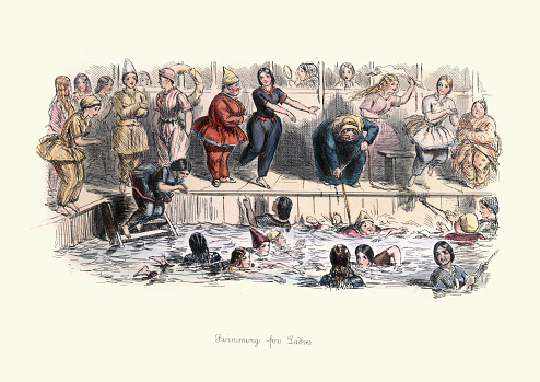 Vintage illustration of Swimming for Ladies, Victorian cartoon by John Leech of women only swimming pool, 1860s