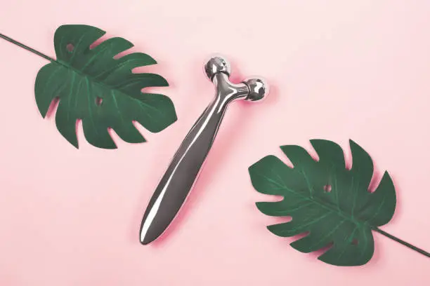Steel face roller on the pinkbackground decorated with monstera leaf. Trendy tool for facial massage at home. Perfect beauty routine for beautiful skin.