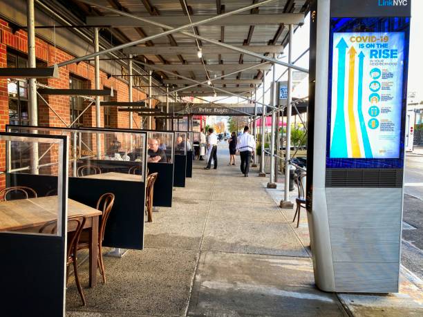 Peter Luger Steakhouse Brooklyn, NY, USA - Nov 17, 2020: Outdoor dining on the sidewalk at 178 Broadway (Brooklyn) during midday due to the COVID-19 pandemic warren street brooklyn stock pictures, royalty-free photos & images