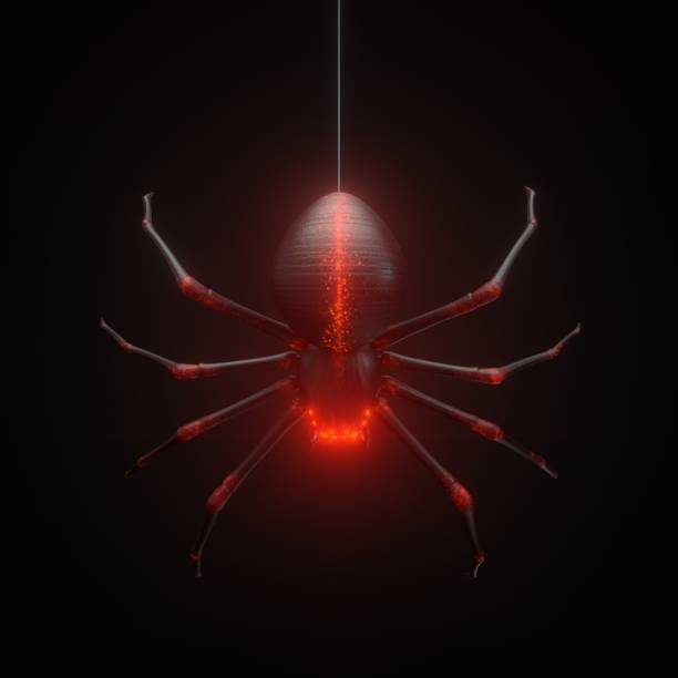 glowing red spider in the dark. 3D illustration glowing red spider in the dark. suitable for horror, halloween, arachnid and technology themes. 3D illustration robot spider stock pictures, royalty-free photos & images