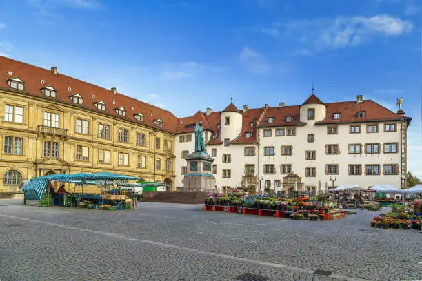 View of Schillerplatz square in Stuttgart city center, Germany