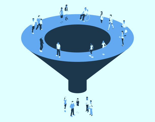 Funnel with people in a blue color palette Illustration of a sales or marketing funnel is shown with people in isometric view, using a blue color palette. target market illustrations stock illustrations