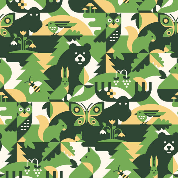illustrations, cliparts, dessins animés et icônes de animaux dans la forêt - modèle vectoriel abstrait, sans couture avec l’ours, le renard, l’abeille, l’oiseau, le papillon, le wapiti, le lièvre, le hibou, l’écureuil, les feuilles et les fleurs. parfait pour le tissu de camouflage, textile, papi - butterfly backgrounds seamless pattern