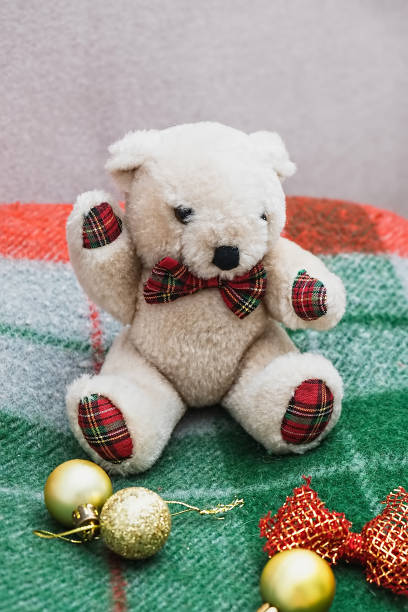 istock teddy bear and christmas decorations, checkered red green plaid 1286127903