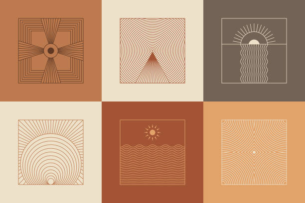 Vector set of linear boho icons and symbols - sun logo design templates  and pritns - abstract design elements for decoration in modern minimalist style Vector set of linear boho icons and symbols - sun logo design templates  and pritns - abstract design elements for decoration in modern minimalist style for social media posts, stories, for artisan jewellery, handcrafted products, female business alchemy stock illustrations