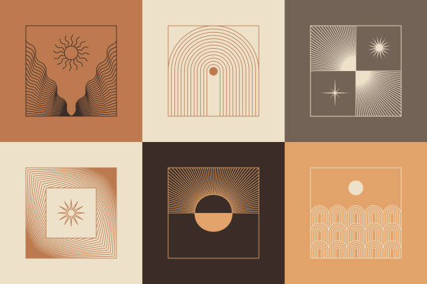 Vector set of linear boho icons and symbols - sun logo design templates and pritns - abstract design elements for decoration in modern minimalist style Vector set of linear boho icons and symbols - sun logo design templates and pritns - abstract design elements for decoration in modern minimalist style for social media posts, stories, for artisan jewellery, handcrafted products, female business eclipse icon stock illustrations